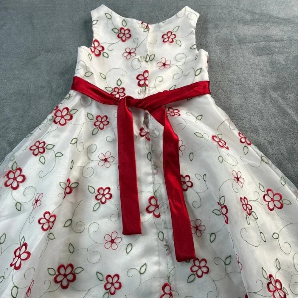 Youngland Girls White Red Floral Embroidered Dress Ribbon‎ Bow Party Size 5